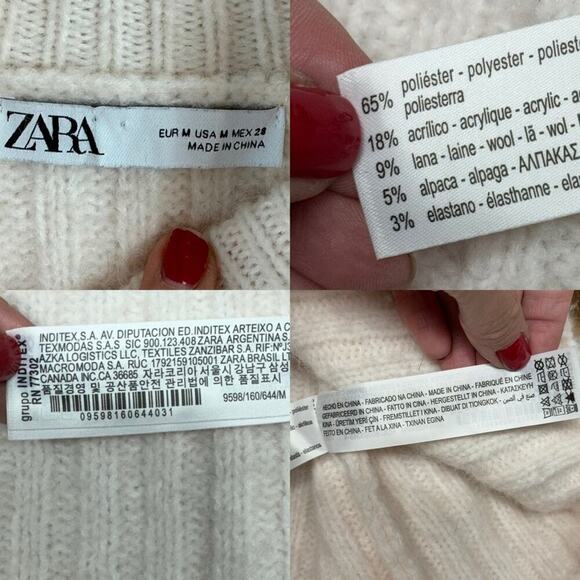 Zara Cream Light Pink Wool Alpaca Blend Ribbed Knit Turtleneck Sweater Medium - Picture 14 of 16